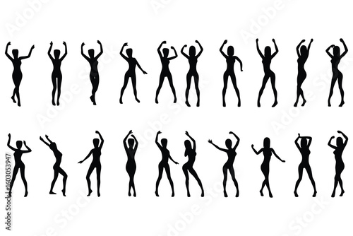 Collection of dancing female silhouettes isolated on white background