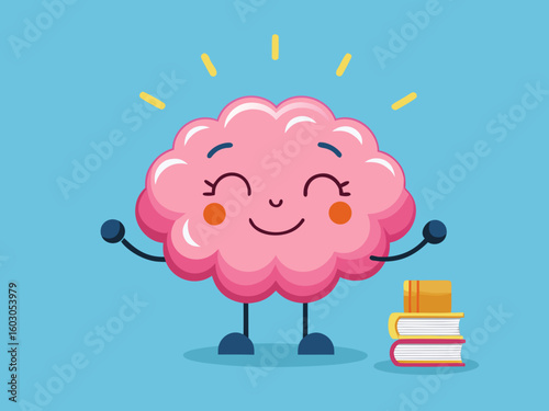 Happy cartoon brain character with books