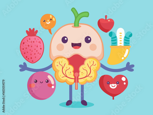 Cute cartoon human brain character with healthy food and organs