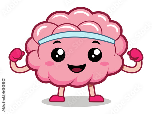 Cute cartoon brain character flexing muscles with headband