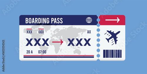 Minimalist airline ticket design. Illustration of an international airline boarding pass. Concept of travel, exploration, or business trip.