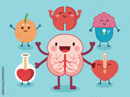 Cute cartoon organs and body parts with happy faces
