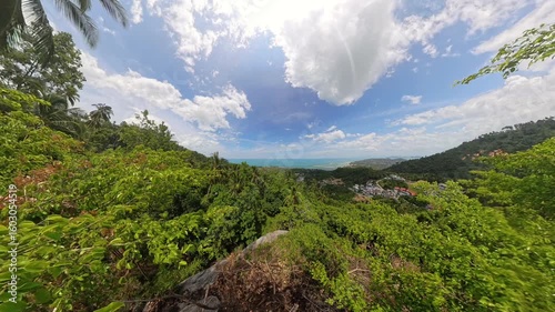 Lush Green Hillside View with Palm Trees and Distant Ocean Under Bright Sky on Koh Samui Captured in Wide Angle Concept Tropical Landscape