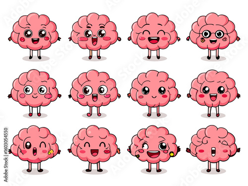 Collection of cute cartoon brain characters with various expressions