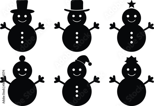 christmas snowman black silhouette set, christmas snowman  vector bundle