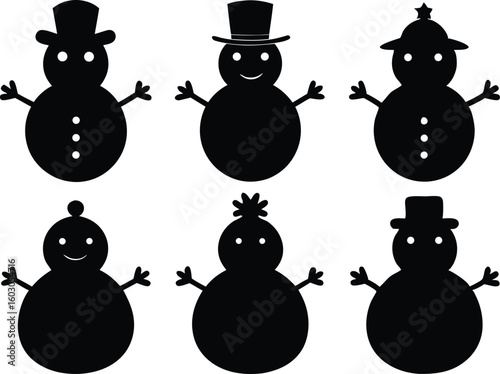 christmas snowman black silhouette set, christmas snowman  vector bundle