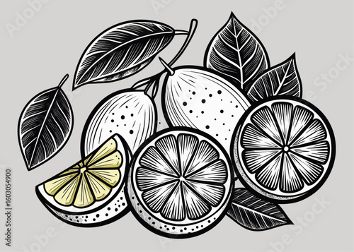 Black and white citrus fruit illustration with a single yellow lemon slice