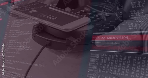 Smartphone tapping terminal and exchanging data, code scrolling, encrypting transaction