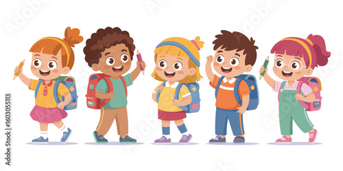 Back to School Kids Vector Pack – Elementary Children with Pencils and Backpacks, Colorful and Happy Cartoon Education Characters Ideal for School and Learning Projects.


