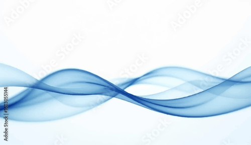A minimalist abstract background featuring a horizontal flow of translucent, overlapping blue wave-like shapes against a pristine white backdrop. The design conveys a sense of calm, movement,