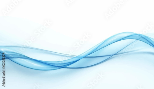 A minimalist abstract background featuring a horizontal flow of translucent, overlapping blue wave-like shapes against a pristine white backdrop. The design conveys a sense of calm, movement,
