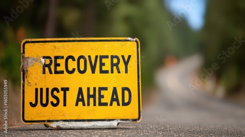 A yellow road sign with the words recovery just ahead on a blurred road with green trees in the background