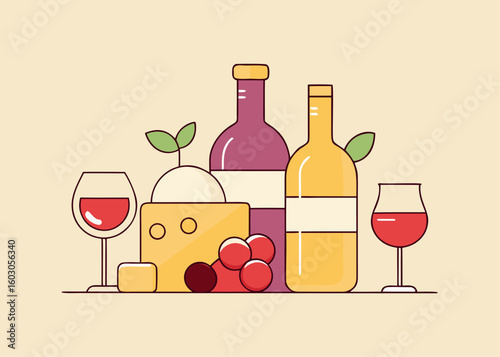 Wine and cheese still life with grapes and leaves