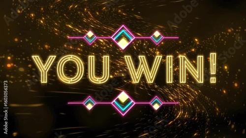 On backdrop appearing YOU WIN! text filling glow and sending golden particles celebrating victory