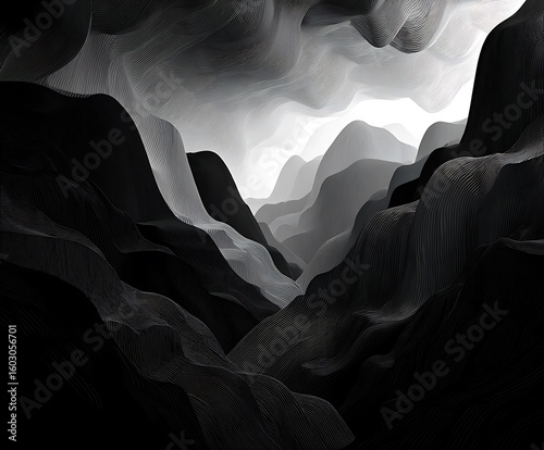 the image presents a monochrome landscape filled with numerous mountain like forms. a series of ridges and valleys extend into the distance, creating depth and perspective