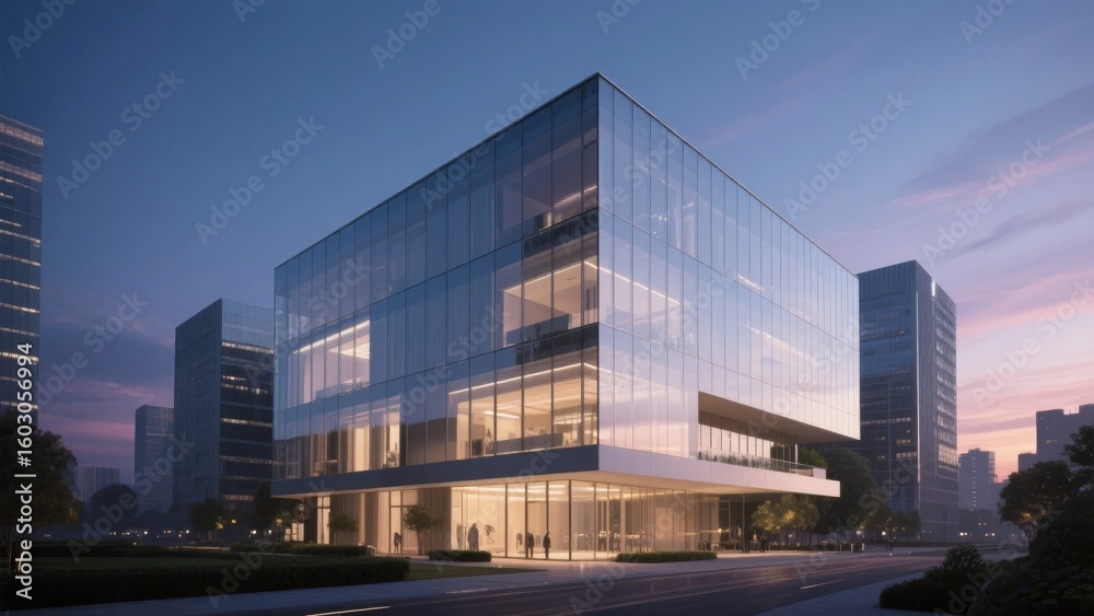 Obraz premium Modern glass building with illuminated interior against a twilight sky