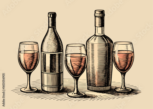 Vintage style illustration of wine bottles and glasses