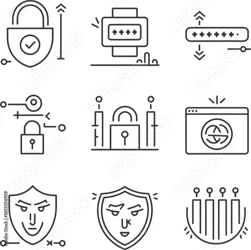 A set of nine simple, minimalist line art icons depicting various aspects of cybersecurity.