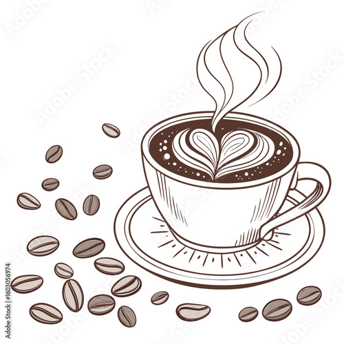 Detailed coffee cup with latte art and scattered beans