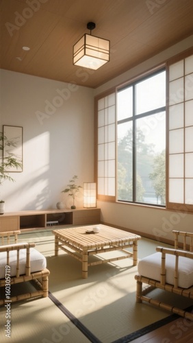 Traditional Japanese Living Room with Bamboo Furniture and Shoji Screens
