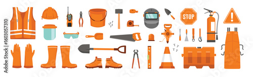 A set of equipment and clothing for industrial and construction work. Tools, saws, hammers, screwdrivers, helmets, glasses, shoes, uniforms, harnesses, welding protection and others.