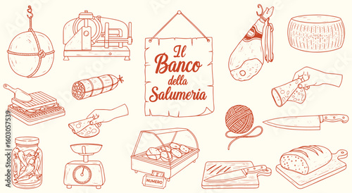 Italian deli and salumeria illustration set with prosciutto, cheese, and meat slicer. Hand-drawn charcuterie elements for delicatessen menus, gourmet food branding, and market designs.