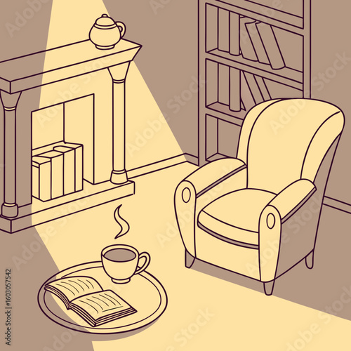 Cozy armchair coffee and book scene coffee cup steaming coffee