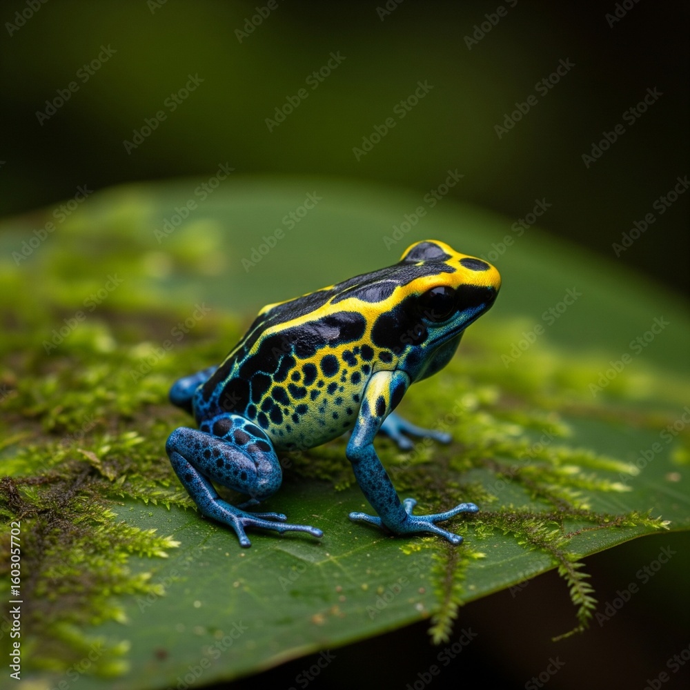 Obraz premium Colorful Poison Dart Frog Sitting on Mossy Leaf 