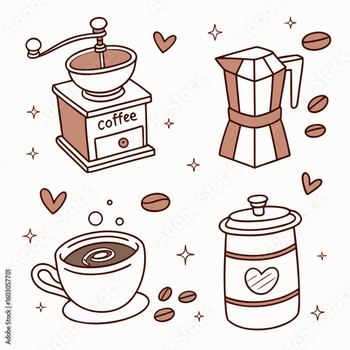 Coffee grinder moka pot cup beans container hearts