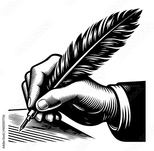 Human Hand Holding Quill Feather Pen Writing on Paper Black and White Outline Line Art Drawing Engraving Style