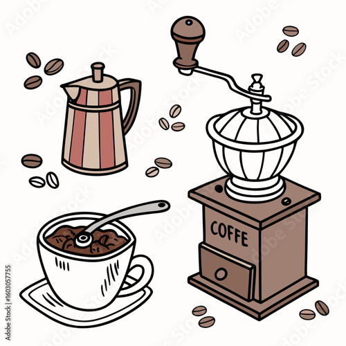 Coffee grinder pot cup beans vector