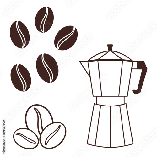 Coffee beans and moka pot coffee maker beverage