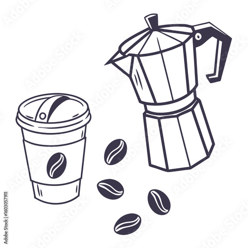 Coffee maker cup and beans illustration coffee cup