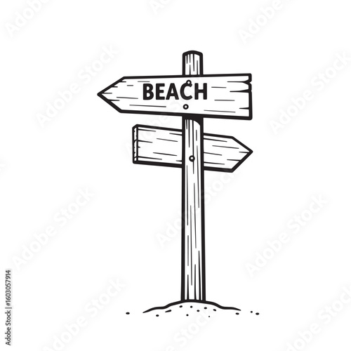 A charming black and white illustration of a wooden beach signpost pointing the way towards an idyllic coastal destination for summer travel.