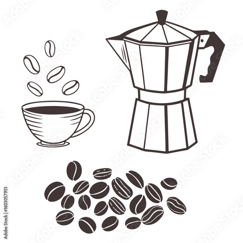 Coffee maker cup and beans illustration drink