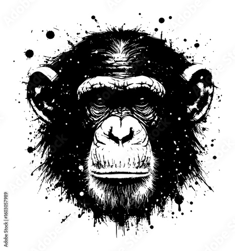 Chimpanzee Face Head Portrait Black and White Outline Line Art Drawing with Ink Splatter Grunge Style