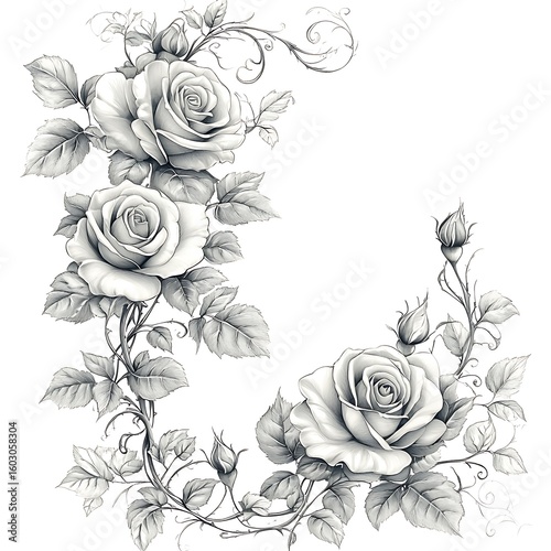 Vertical Rose Sprig Botanical Line Drawing
