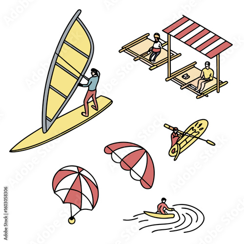 Beach activities with windsurfing kayaking and relaxation