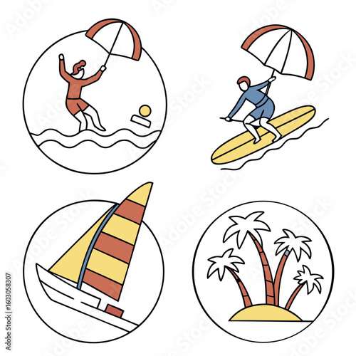 Beach activities icons with people and nature resort