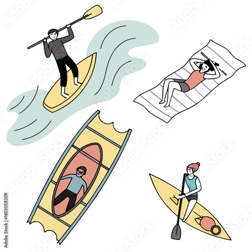 People enjoying beach water sports and relaxation kayaking