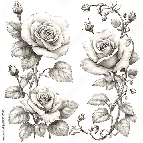 Romantic Rose Corner Botanical Sketch
