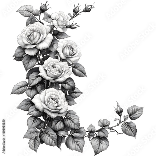 Elegant Vertical Rose Sprig Line Art Botanical Drawing
