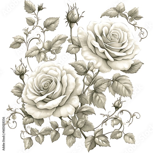 Vintage Sepia Rose Bouquet Botanical Illustration on Cream Background
