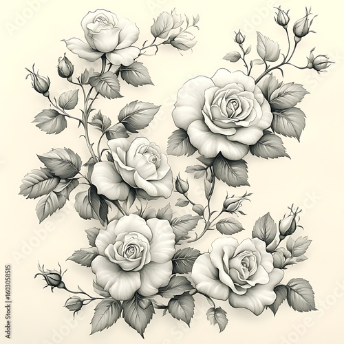 Antique Sepia-Toned Rose Bouquet Vintage Botanical Illustration
