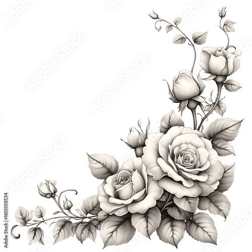 Elegant Monochrome Rose Corner Botanical Line Art Illustration
