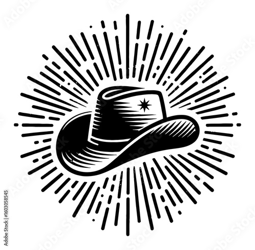 Classic Cowboy Hat with Radiant Sun Ray Effect Logo Vintage Black and White Outline Line Art Drawing