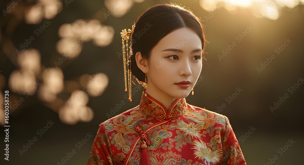 Elegant Chinese woman in a traditional red qipao dress with golden hairpins, posing outdoors at sunset. Elegant Chinese woman in a traditional red qipao dress with golden hairpins, posing outdoors at sunset.
