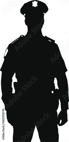 A strong, focused silhouette of a police officer in uniform, standing against a plain white background.