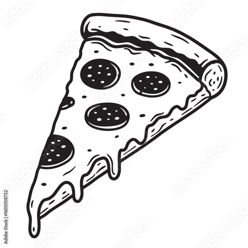 A delicious vintage art pepperoni pizza slice featuring oozing melted cheese in a simple black and white design suitable for food illustrations.