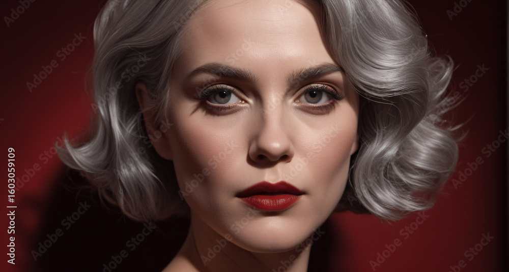 Fototapeta premium Subtle profile portrait of a elegant white woman with fair skin, wavy silver‑gray hair, green eyes and bold red lips under soft even lighting against a deep red background